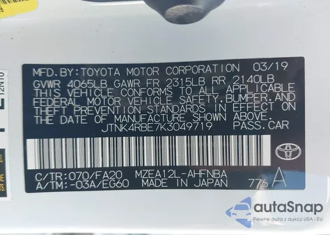 2019 Toyota Corolla Se из США, поврежденный, VIN JTNK4RBE7K3049719